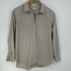 Garnet Hill Tan Checked Plaid Button Gingham Up Blouse Size 8
